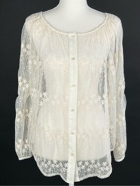 May & July Embroidered Sheer Mesh Blouse L Boho Cottagecore Floral
